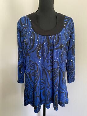 Ashley Jill Blue Swirl Embellished Top Size 1X Formal Chic